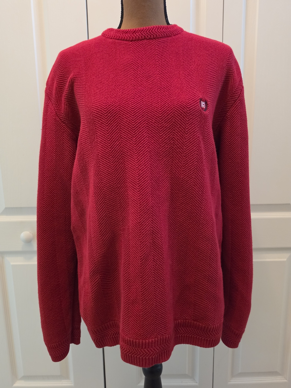 Red Herringbone Preppy Old Money Chevron Textured Knit Crewneck Sweater Cozy L